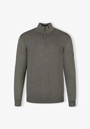 Šedý pletený pulóver s polovičným zipsom a dlhými rukávmi. Má rebrované manžety a lem, vyrobený z mäkkej, štruktúrovanej látky.