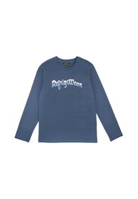 T-shirt a maniche lunghe blu in cotone, con logo in bianco "RefignWear" sul petto e scollo rotondo.