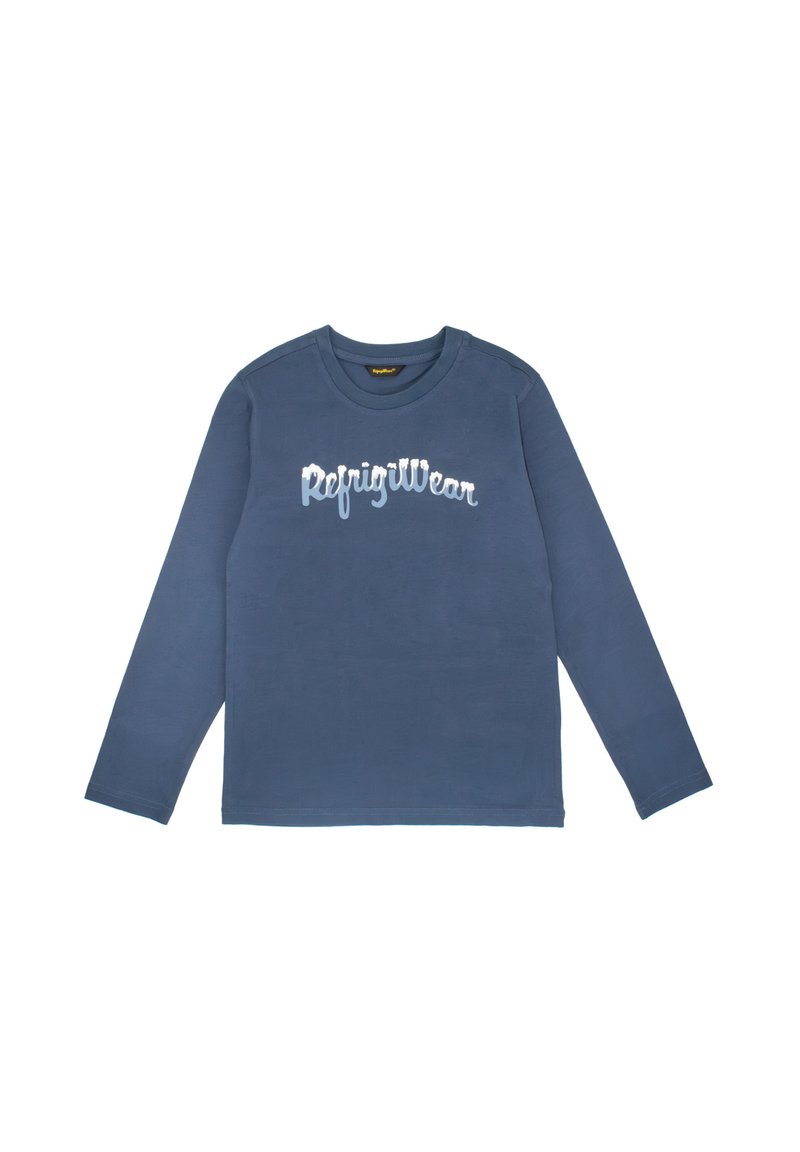 T-shirt a maniche lunghe blu in cotone, con logo in bianco "RefignWear" sul petto e scollo rotondo.