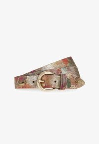 Cinturón de cuero con estampado floral en tonos multicolores, con una hebilla brillante de tono dorado, que presenta una textura suave y una punta afilada.