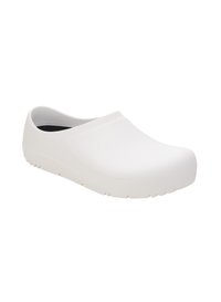 White slip-on clog made from smooth, flexible material. Features a rounded toe, low heel, and textured sole for grip.