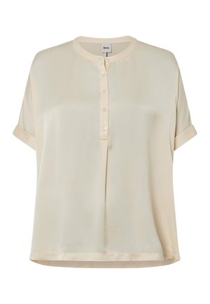 Helle Bluse mit kurzen Ärmeln, runder Kragen, Knopfleiste und gerollten Bündchen. Glatte Textur und leichtes Material.