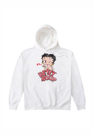 Sudadera blanca con capucha que presenta un gráfico de un personaje de dibujos animados con cabello negro, ojos grandes, pendientes de aro dorados y el texto "BETTY BOOP."