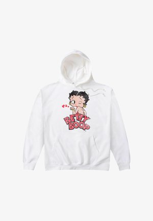 Biała bluza z kapturem z grafiką postaci z kreskówek z czarnymi włosami, dużymi oczami, złotymi kolczykami w kształcie obręczy oraz napisem "BETTY BOOP."