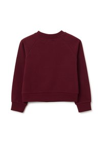 Sweat-shirt long à manches maroon uni avec des poignets et un ourlet côtelés, présenté de dos sur un fond blanc.