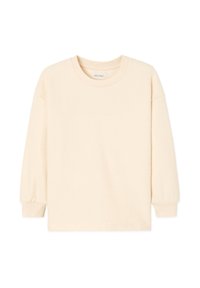 Krämfärgad fleece-pullover med rund halsringning, lång ärm och en texturerad yta. Enkelt, utan utsmyckningar design.