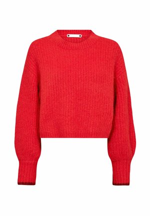 Roter, kurz geschnittener Pullover mit gerippter Textur, langen Ärmeln und rundem Ausschnitt. Verfügt über ein dekoratives Metallelement am Halsausschnitt.
