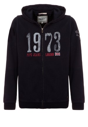 Black zip-up hoodie with hood, displaying "1973" in large gray print, "Pepe Jeans London" in red, and a small Union Jack flag on the front.