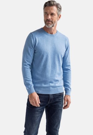 Mittelalter Mann mit grauem Haar und Bart, trägt einen hellblauen Pullover und dunkelblaue Jeans, steht vor einem schlichten Hintergrund.