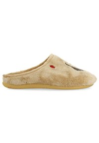 Zapatilla de casa beige y suave con textura, diseño de parte trasera abierta y parte superior esponjosa que presenta una cara de animal juguetona con pequeños acentos rojos.