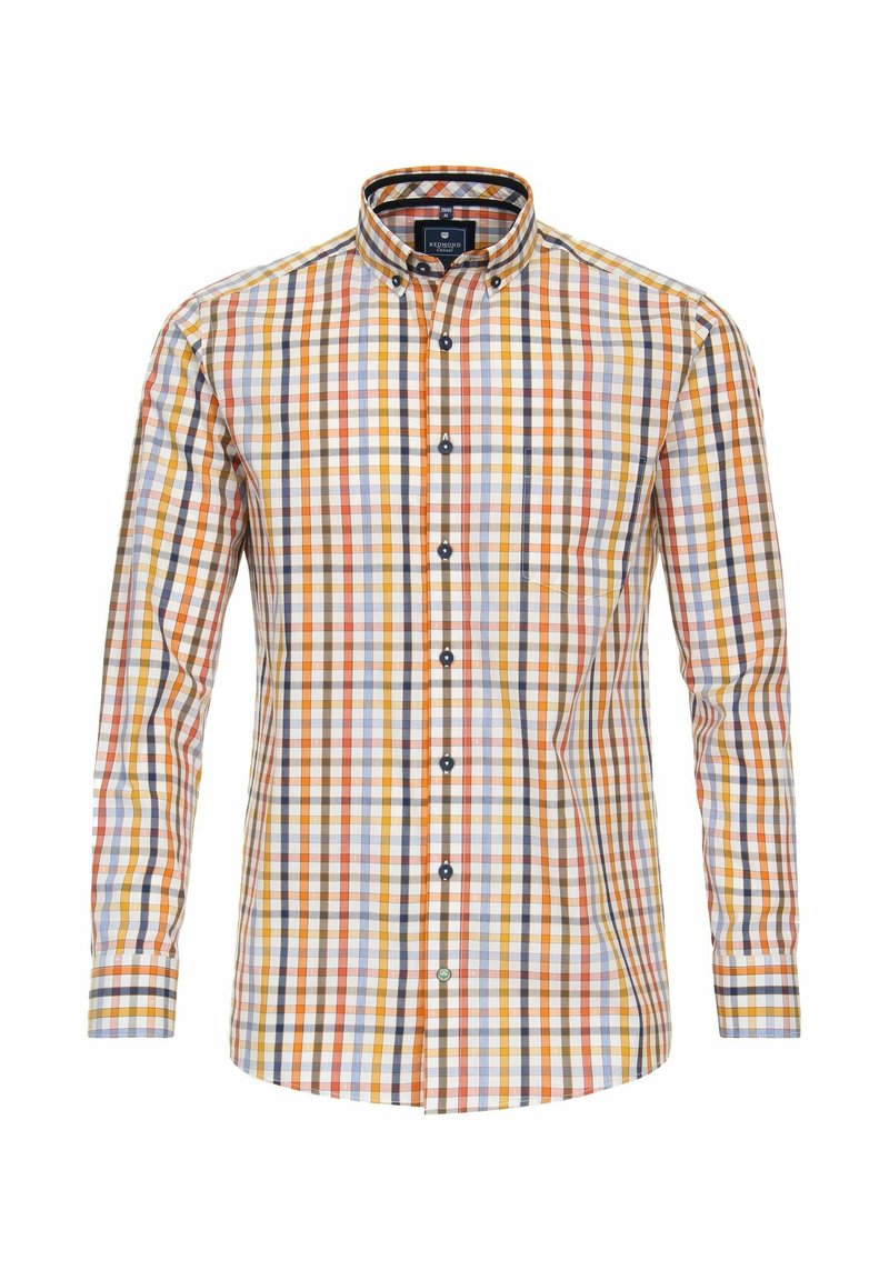 Karierte Bluse mit langen Ärmeln, die orange, gelbe, blaue und schwarze Quadrate zeigt. Mit Button-Down-Kragen und einer einzelnen Brusttasche.