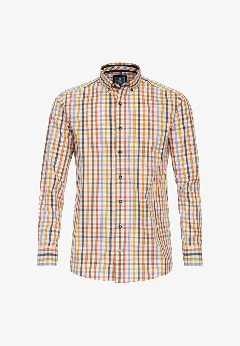 Karierte Bluse mit langen Ärmeln, die orange, gelbe, blaue und schwarze Quadrate zeigt. Mit Button-Down-Kragen und einer einzelnen Brusttasche.