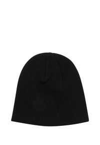 Bonnet en tricot noir fabriqué à partir d'un matériau doux et extensible. Il présente une forme arrondie avec un petit tuft en haut. Design simple, sans motifs ni accents.