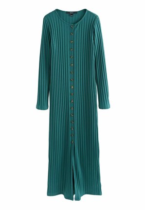 Teal geribbelde lange jurk met een ronde halslijn en knopen aan de voorkant, met lange mouwen en een rechte silhoutte.