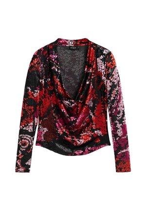 Bluză cu mâneci lungi din material negru, cu guler drapat, modele florale în nuanțe de roșu și roz, cu textură netedă.