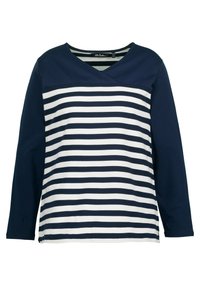 Camicia a maniche lunghe blu navy con strisce orizzontali bianche e blu navy sul davanti, caratterizzata da un design a incrocio con scollatura a V.