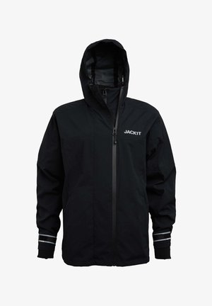 Schwarze wasserdichte Jacke mit Reißverschluss vorne, verstellbarem Kapuze und reflektierenden Akzenten an den Bündchen. Glatte Textur mit minimalistischem Design.