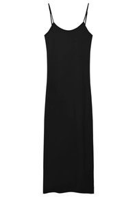 Robe noire sans manches avec de fines bretelles réglables, coupe droite, faite d'un tissu lisse, présentant un design simple et sans motifs visibles.