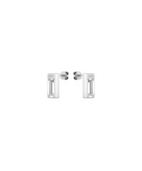 Boucles d'oreilles carrées en acier argenté avec un design en découpe rectangulaire. Présentent le logo de la marque gravé sur un côté et une finition polie.