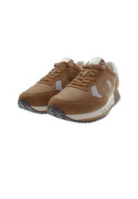 Bruna mocka- och läder sneakers med grå detaljer, vita öglor och en texturerad svart sula. Har logotyp på sidan och varumärke på sulan.