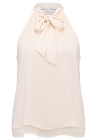 Jasnobeżowy top na szyję wykonany z miękkiej, teksturowanej tkaniny z wiązaną kokardą przy dekolcie. Gładkie wykończenie z lekko zaokrąglonym dołem.