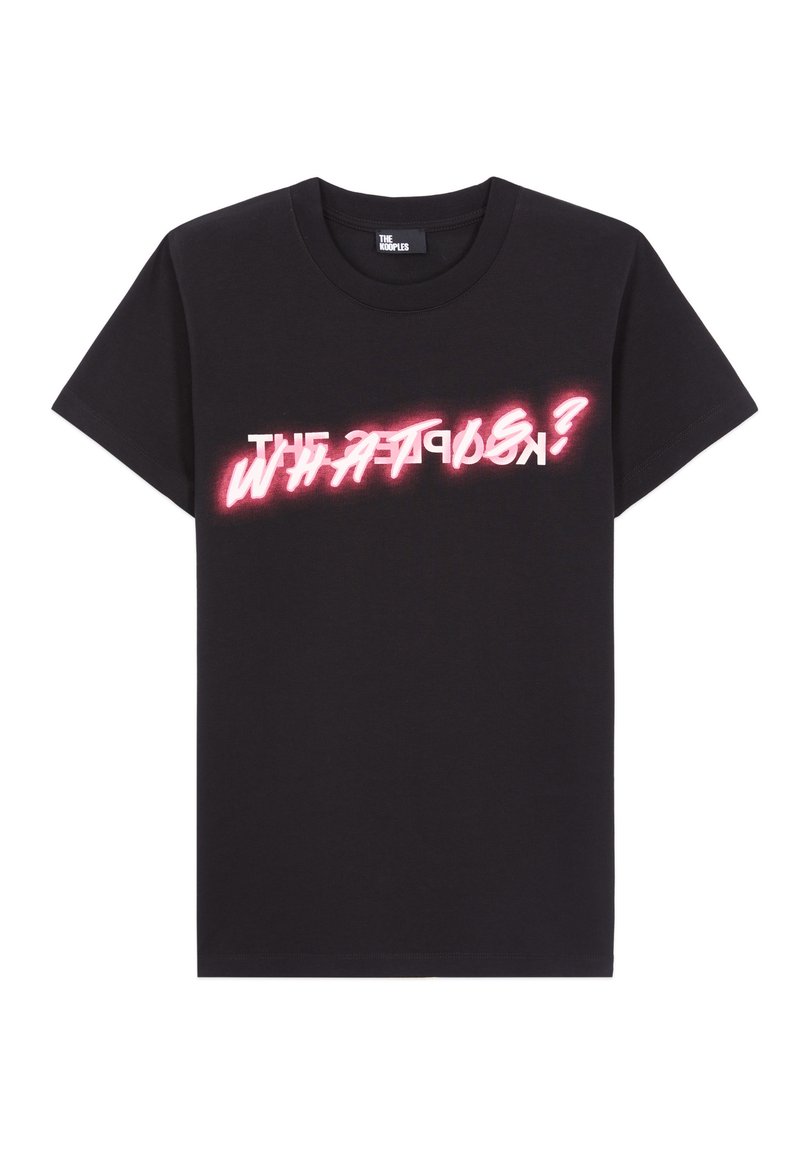 Black cotton t-shirt featuring white and pink neon text that reads "WHAT IS?" with a slightly distressed design and crew neckline.