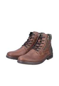 Braune Leder-Ankle-Boots mit Schnürverschluss, seitlichem Reißverschluss und einem strukturierten Stoffkragen. Flache Gummisohle mit gesticktem Detail.