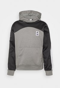 Felpa grigia e nera con tasca a canguro, tessuto con texture mescolate e strisce bianche sui lati. Presenta un logo Nike sul petto.
