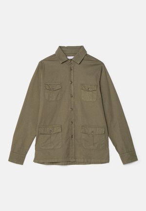 Olive green shirt with a button-up front, two chest pockets, and two lower pockets, featuring a classic collar and long sleeves.