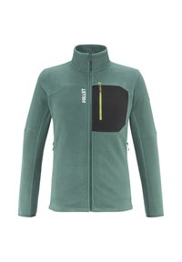 Veste en polaire verte avec un col montant, poche poitrine zippée noire et fermeture éclair jaune contrastante. Dispose de poches latérales et d'une texture lisse.