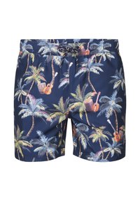 Námořnické plavky s potiskem tropických palem a kytar, s elastickým pasem a stahovací šňůrkou. Hladká textilní struktura.