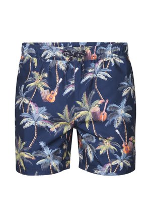 Shorts de bain bleu marine avec un imprimé de palmiers tropicaux et de guitare, dotés d'une taille élastique et d'un cordon de serrage. Texture de tissu lisse.