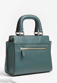 Sac à main en cuir bleu sarcelle au design structuré, avec poignées supérieures, ferrures dorées et une poche zippée à l'avant pour un rangement supplémentaire.