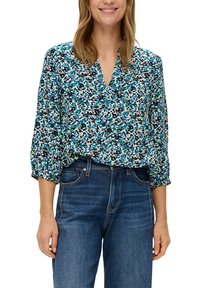 Bunte, florale Bluse mit V-Ausschnitt und drei Viertelärmeln. Aus leichtem Stoff gefertigt, zeichnet sie sich durch eine Mischung aus Blau, Grün und Schwarz aus.