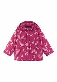 Vä pinkki vettä hylkivä takki, jossa on huppu ja hauska eläinkuvio, jossa on hoppeja ja peuroja vaaleanpunaisena. Kevyt kangas ja rento istuvuus.