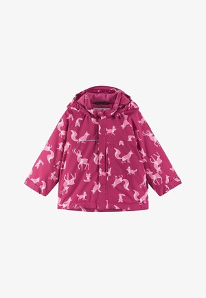 Roze waterdichte jas met capuchon, voorzien van een speelse print van dieren zoals vossen en herten in lichtroze. Lichtgewicht stof met een ontspannen pasvorm.