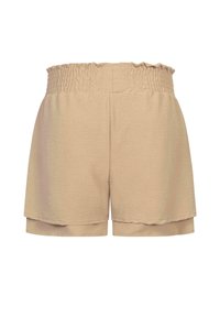 Shorts beiges en tissu léger, dotés d'une taille élastique et d'une coupe décontractée avec un ourlet retroussé. Texture lisse, sans motifs visibles.
