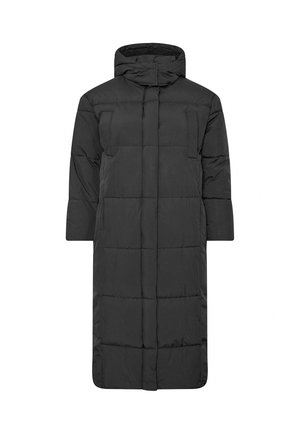Schwarzer langer Daunenmantel mit hohem Kragen, mit einem gesteppten Design, zwei Fronttaschen und weiten Ärmeln. Glatte Textur, leicht.