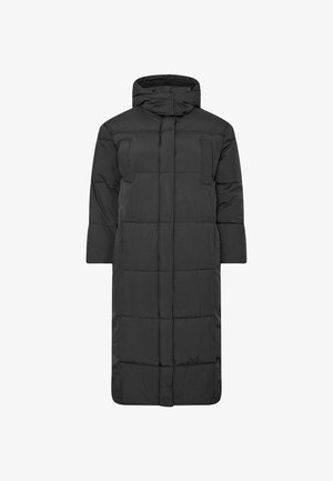 Musta pitkä untuvapuku, jossa on korkea kaulus, vuorattu muotoilu, kaksi etutaskua ja leveät hihat. Suuri tekstuuri, kevyt.