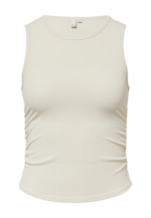 Crème kleurige tanktop van ribstof. Heeft een ronde halslijn en een geplooide zijdetail. Geen zichtbare hardware of accenten.