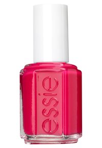 Flacon de vernis à ongles avec une base en verre carrée, de couleur rose vif, et un capuchon blanc uni. Présente le nom de la marque "essie" en relief sur le devant.