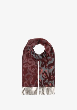 Sciarpa di lana con un motivo astratto color bordeaux e grigio, dettagli con frange. Texture liscia, design a loop circolare e etichetta con logo.