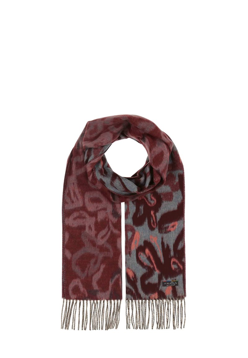 Sciarpa di lana con un motivo astratto color bordeaux e grigio, dettagli con frange. Texture liscia, design a loop circolare e etichetta con logo.