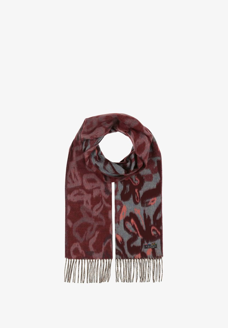Écharpe en laine présentant un motif abstrait maroon et gris avec des détails à franges. Texture douce, design en boucle circulaire et étiquette de logo.