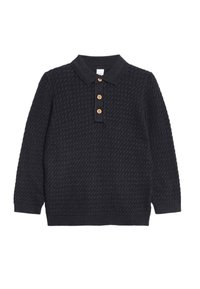 Mørk grå strikket pullover med et struktureret mønster, lange ærmer, krave og fire træknapper på stolpen.
