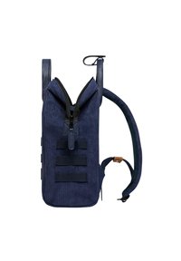 Navy blue backpack with a vertical design, ribbed texture, top zipper closure, adjustable shoulder straps, and three horizontal webbing straps.