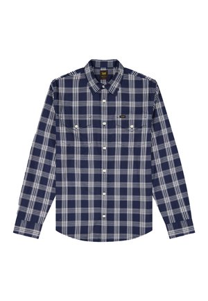 Tumesinise ja valge ruuduline pikkade varrukatega nööpidega särgis, krae ja kahe ees nööpidega rinnataskuga, Lee brändi silt taskul.