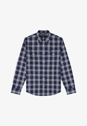 Tumesinise ja valge ruuduline pikkade varrukatega nööpidega särgis, krae ja kahe ees nööpidega rinnataskuga, Lee brändi silt taskul.