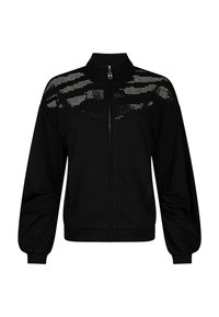 Veste zippée noire avec panneaux texturés sur les épaules, col montant et manches froncées pour une coupe décontractée.