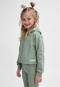 Groene ritshoodie van zacht materiaal, met een cropped ontwerp, zijzakken en een geborduurd merklogo op de benedenrand.